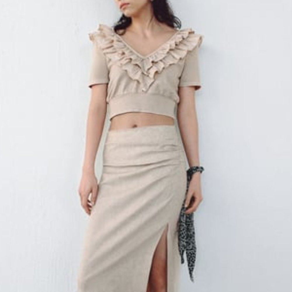 ZARA WASHED EFFECT RUFFLED TOP - SAND COLOR